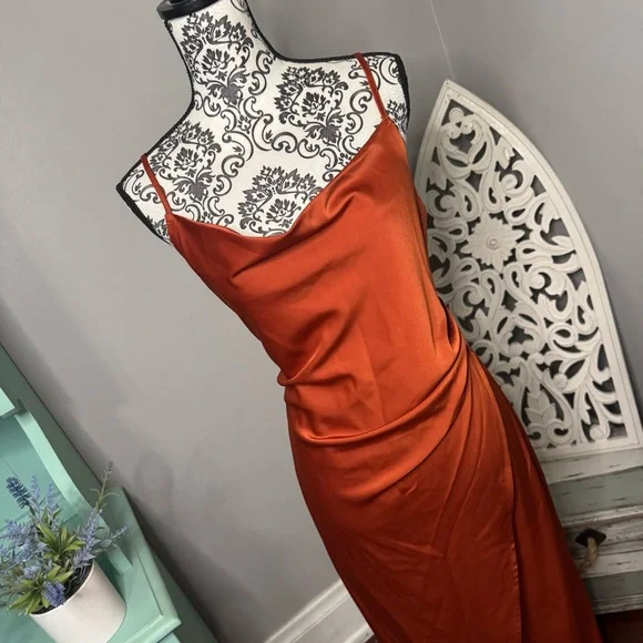 Lulus Satin Drape Midi Slip Dress Size Large Rust Orange Wedding Guest - Picture 2 of 10